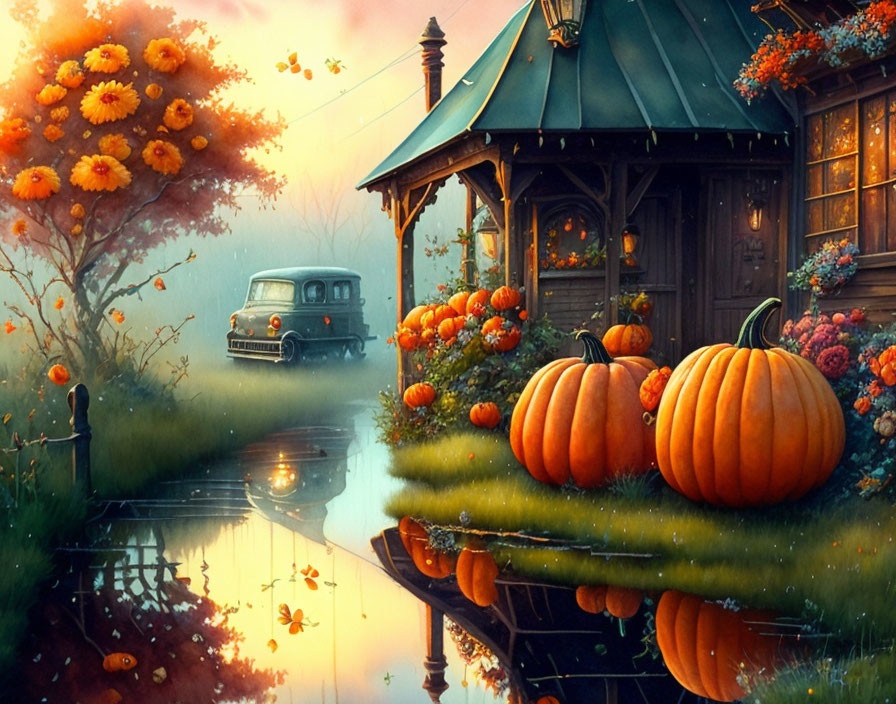 Autumn landscape with orange flowers, pumpkins, cabin, vintage car, and twilight reflection.