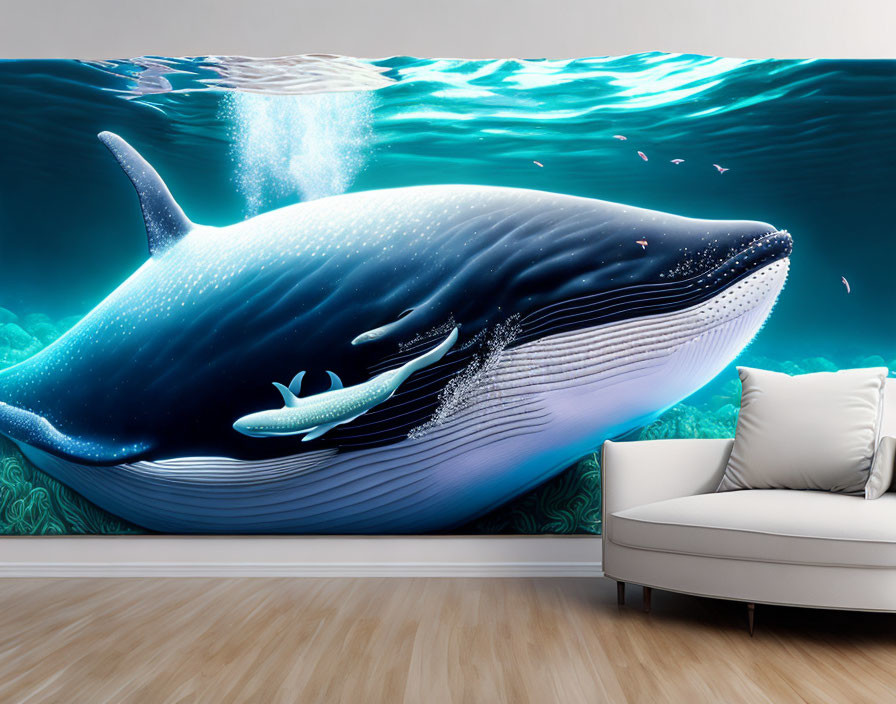 Blue whale wall mural in room with white sofa