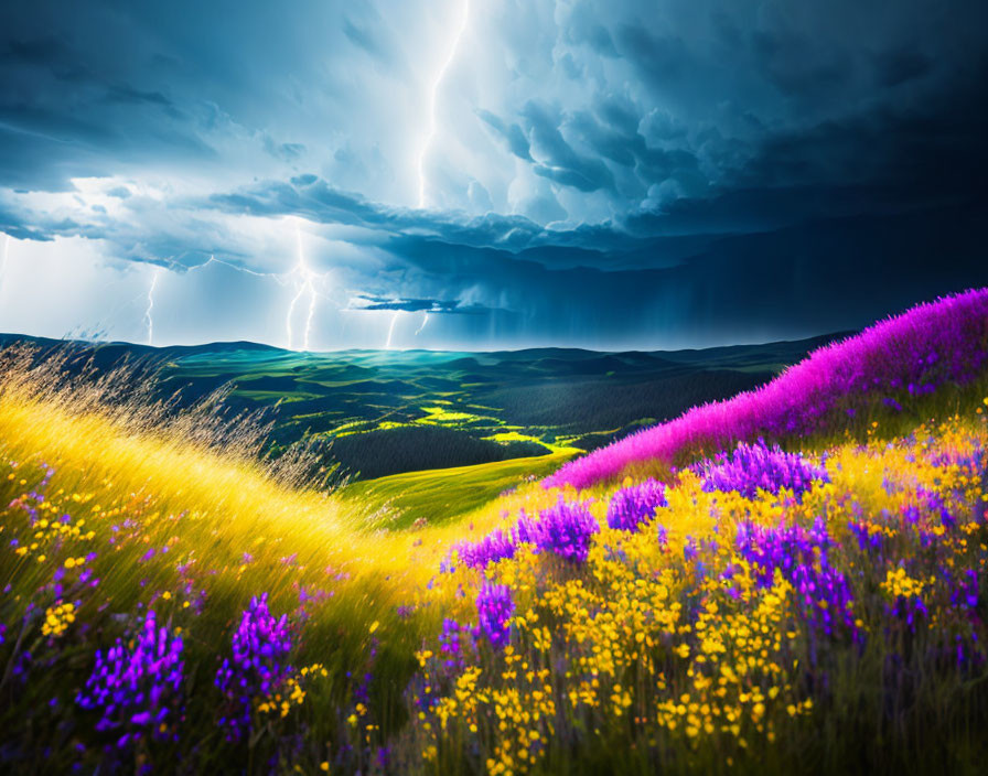 Colorful wildflowers under stormy sky with lightning strikes.