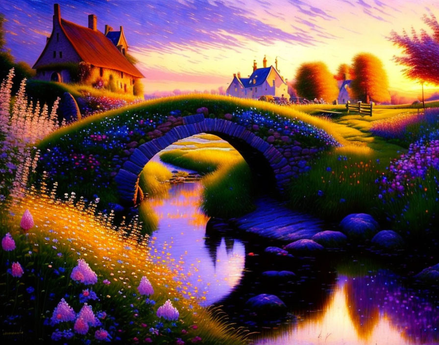 Colorful Landscape with Stone Bridge, Stream, Flora, and Cottages at Twilight