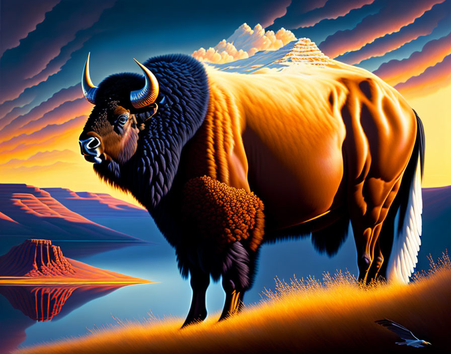 Detailed Bison Illustration with Mountain Landscape and Sunset Colors