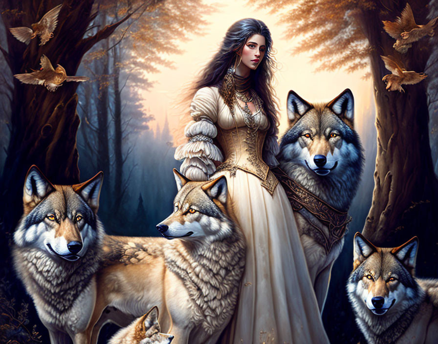 Woman in vintage dress with four wolves in mystical forest