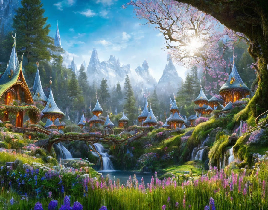 Enchanted village nestled in lush forests with fairy-tale houses, waterfalls, and snowy peaks