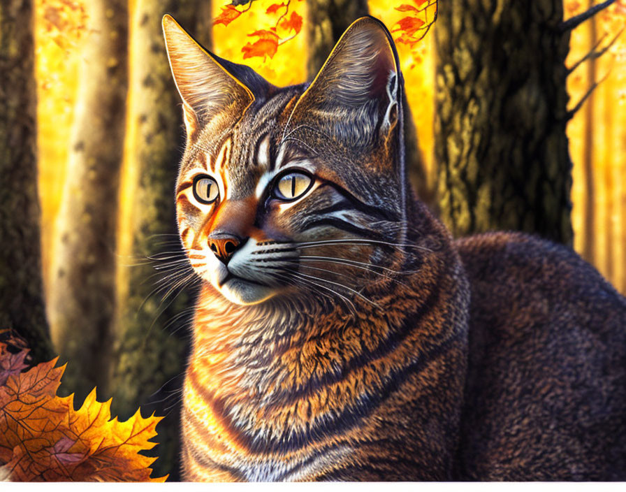 Tabby Cat in Autumn Scene with Falling Leaves and Sunlit Trees