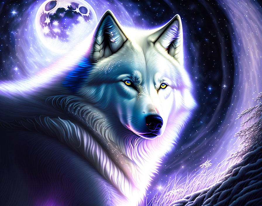 Mystical wolf with yellow eyes under full moon