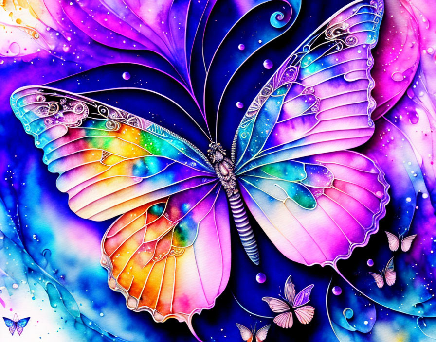 Colorful Butterfly Watercolor Painting on Cosmic Background