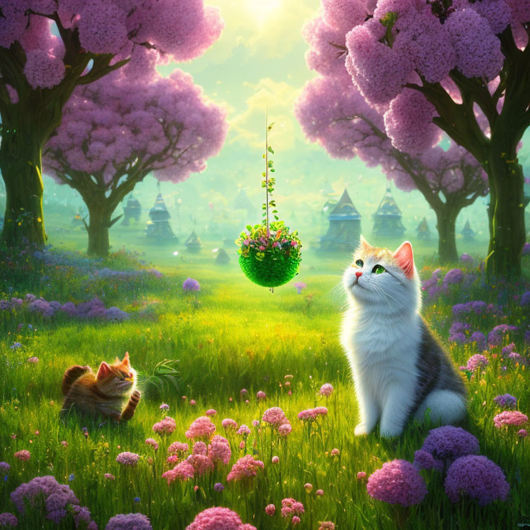 Fluffy cats in pink tree garden with flowerpot and distant castles