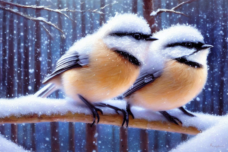 Fluffy birds on branch with falling snow in wintry scene