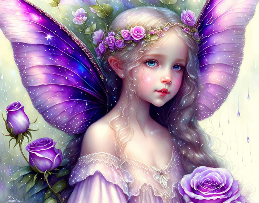 Young fairytale character with purple wings and flowers in hair among roses