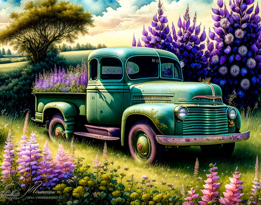 Vintage Green Truck in Lush Field with Purple Flowers and Tall Trees