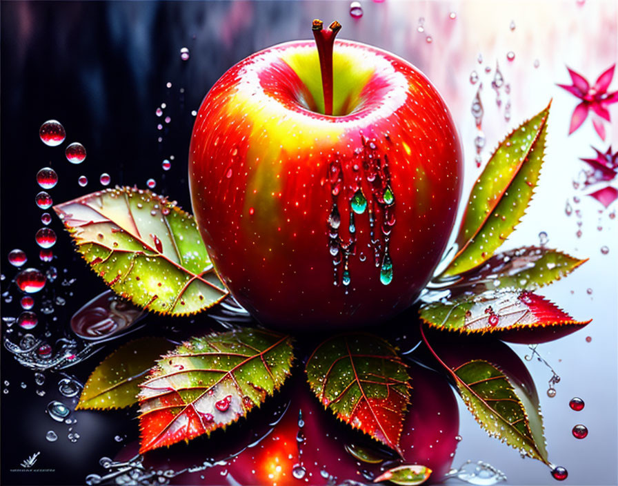 Red apple on wet leaves with bubbles and reflections.