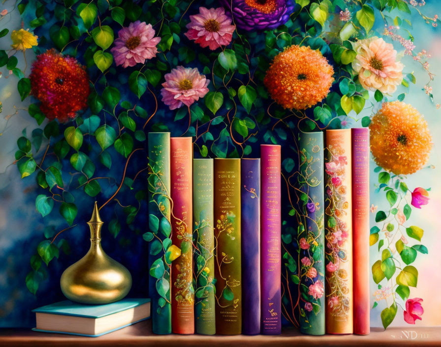 Vibrantly colored books with floral designs next to a brass pot amidst lush foliage