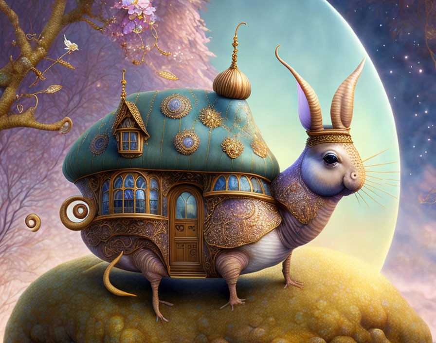 Detailed whimsical snail illustration with ornate shell house, moon, and cherry blossoms