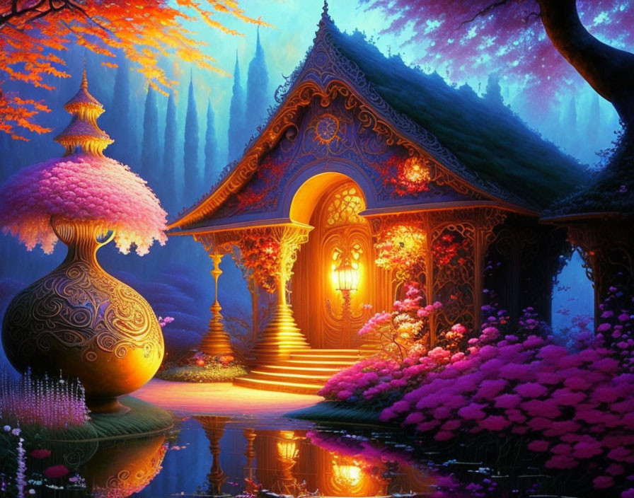 Fantasy landscape with golden house, glowing trees, water, and pink foliage