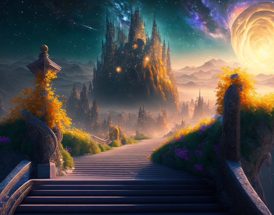 Fantastical landscape: glowing castle, mountain, starry sky, spiral galaxy, stone bridge,