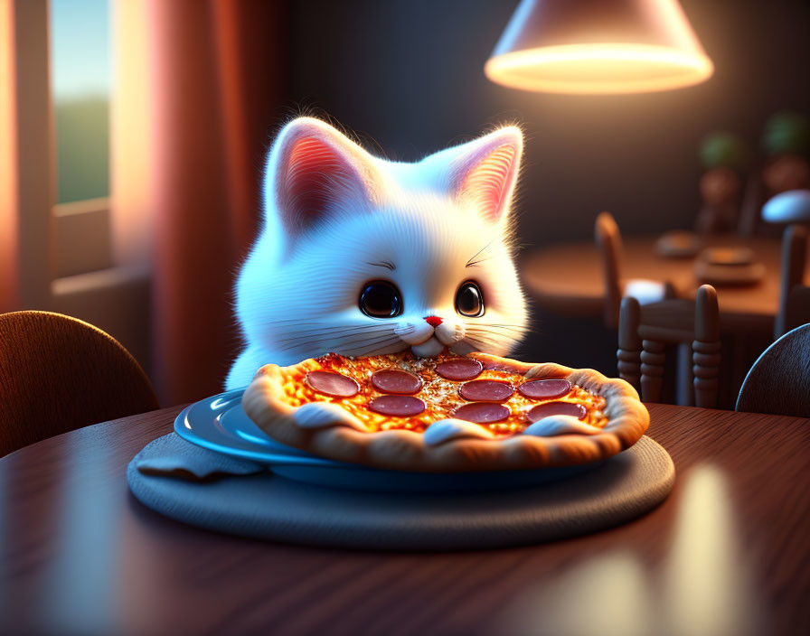 White kitten admires pepperoni pizza under warm lighting