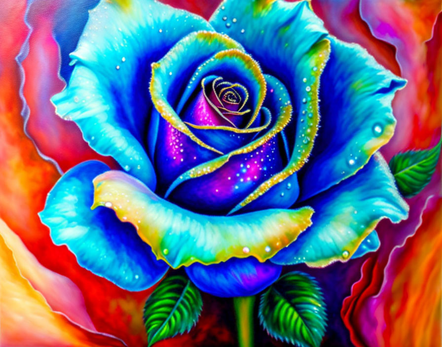 Colorful Painting: Blue Rose with Cosmic Pattern and Dew Drops