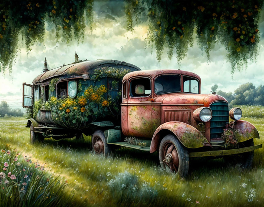 Rusty vintage car and caravan in lush meadow with flowers