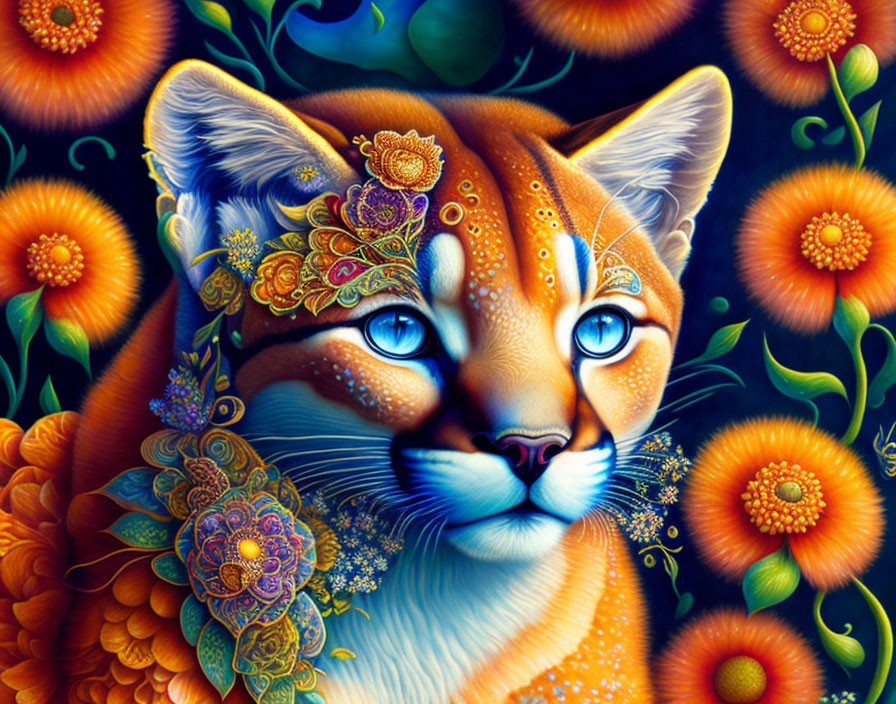 Colorful Cat Illustration with Blue Eyes and Floral Patterns