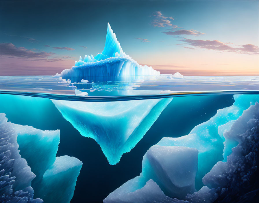 Majestic iceberg with peak above water and massive structure below, in serene sunset setting