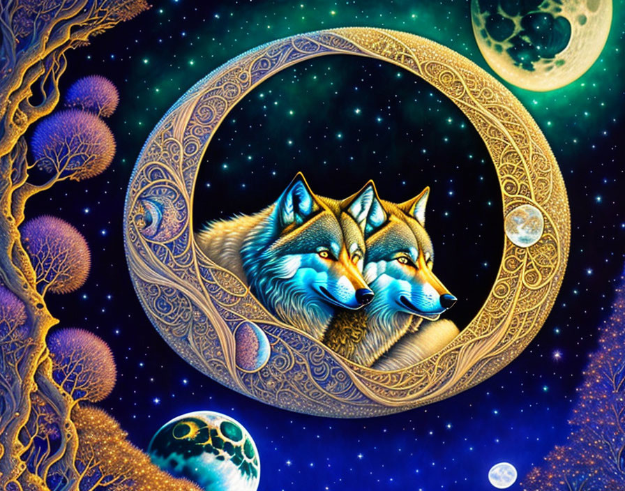 Artwork of Two Wolves in Circular Ornate Frame Amid Starry Sky