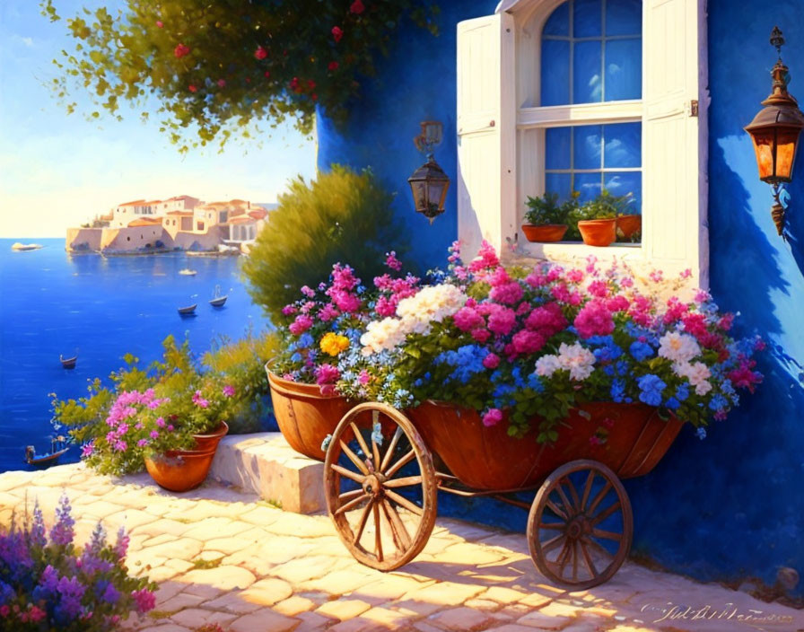 Colorful coastal painting with flower cart, blue walls, sea view, and boats under clear sky