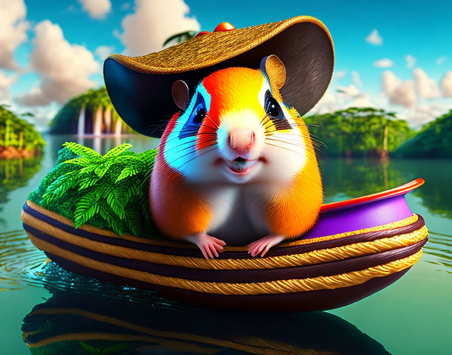 Cheerful animated hamster in sombrero on wooden boat with purple paddle in scenic river landscape