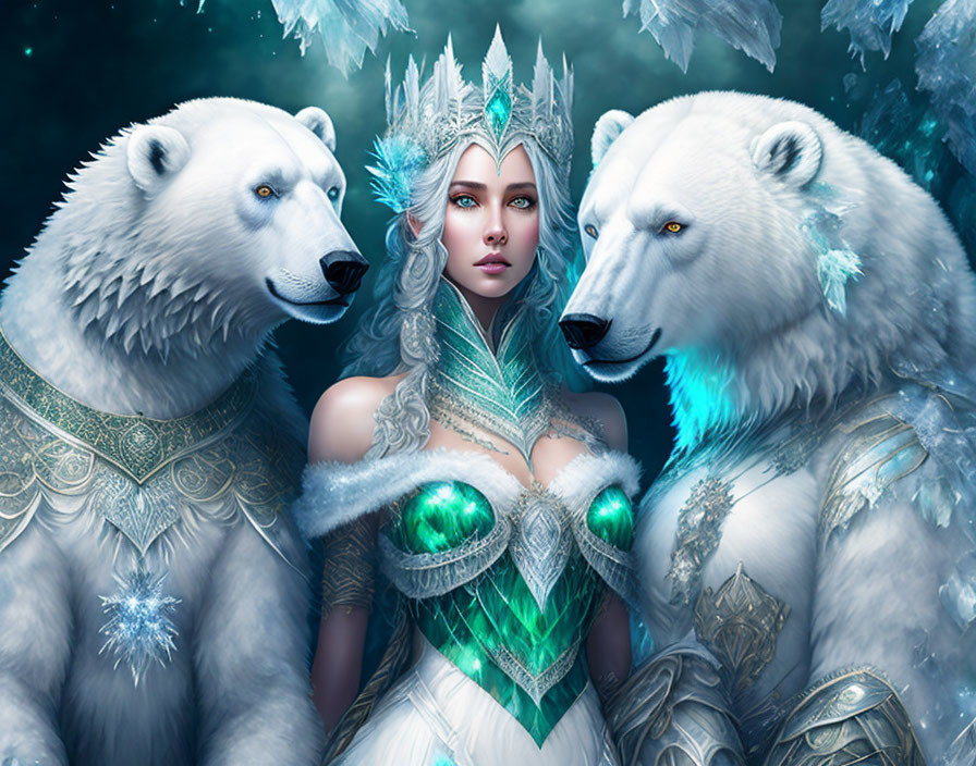 Ethereal woman with icy blue eyes and crystal crown with white polar bears in snowy scene