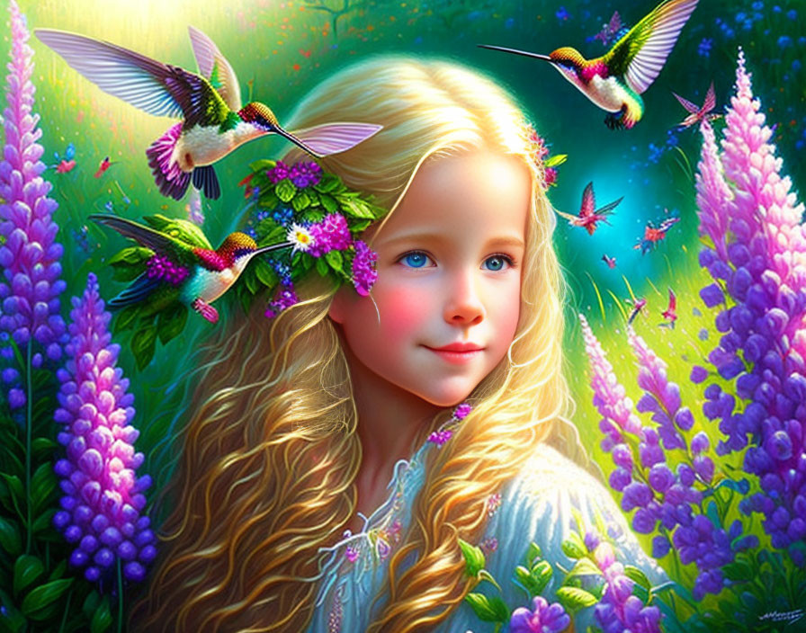 Blonde girl among purple flowers with hummingbirds in vibrant garden