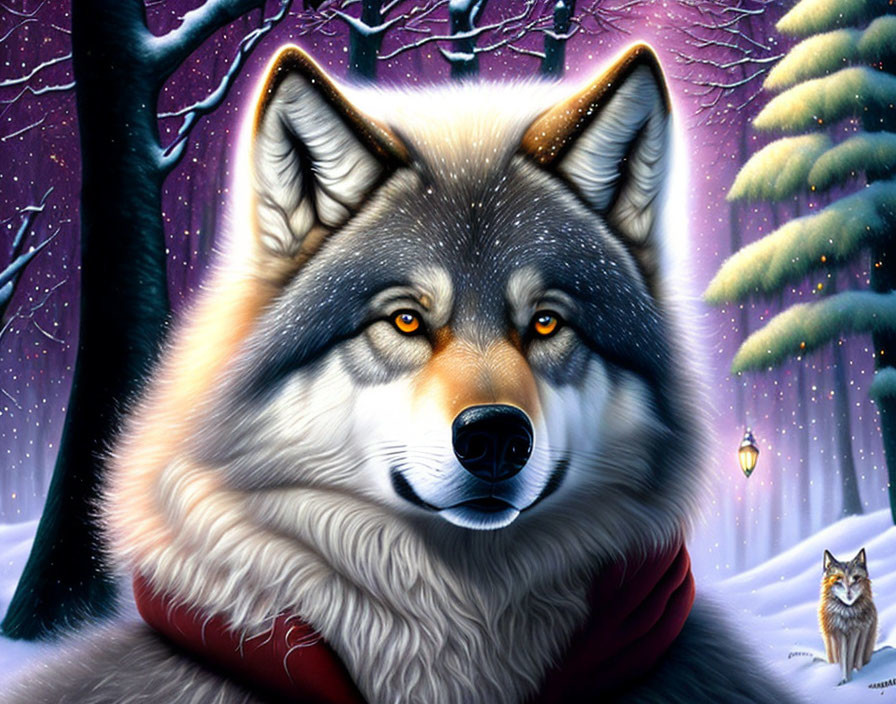 Detailed Wolf Illustration with Red Scarf in Snowy Forest