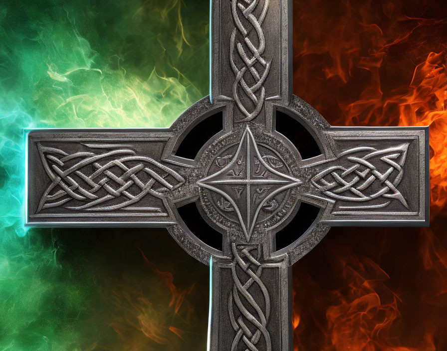 Intricate Celtic cross on red and green background