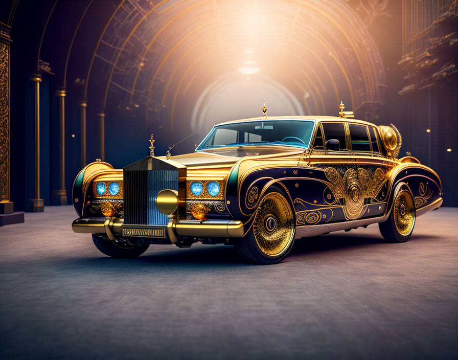 Luxurious Golden-Trimmed Car in Grand Hall with Opulent Design