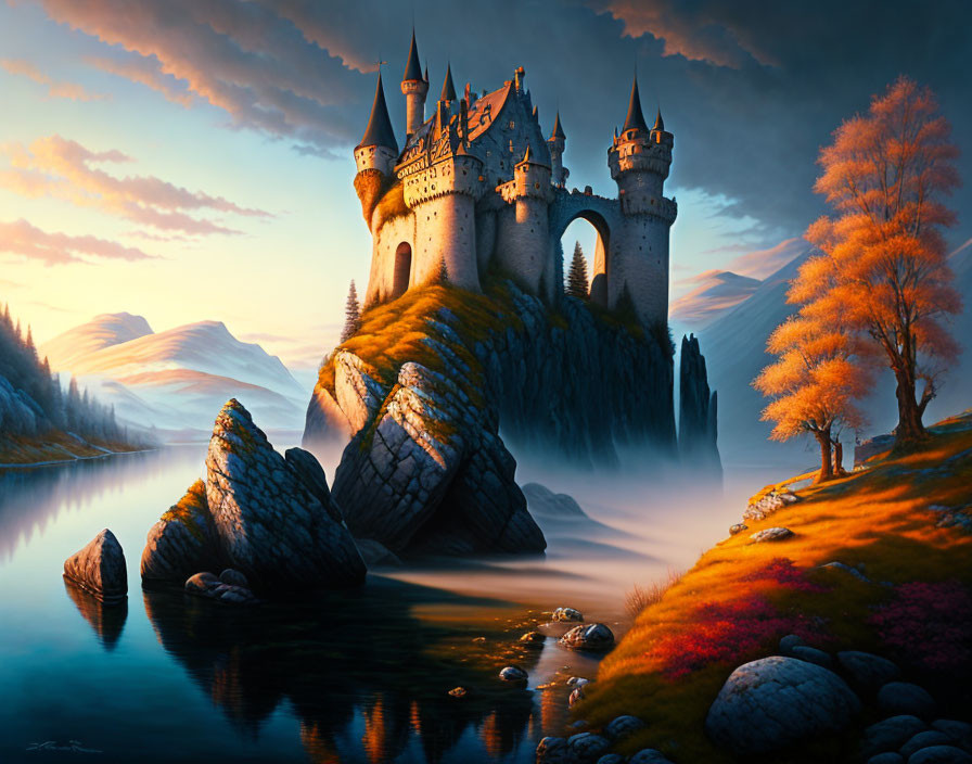 Majestic castle on rocky outcrop by serene lake at sunset