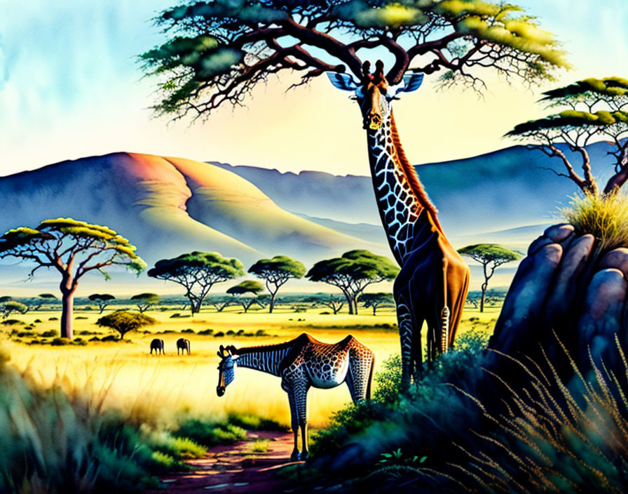 Colorful savanna scene with giraffes, zebras, and rolling hills