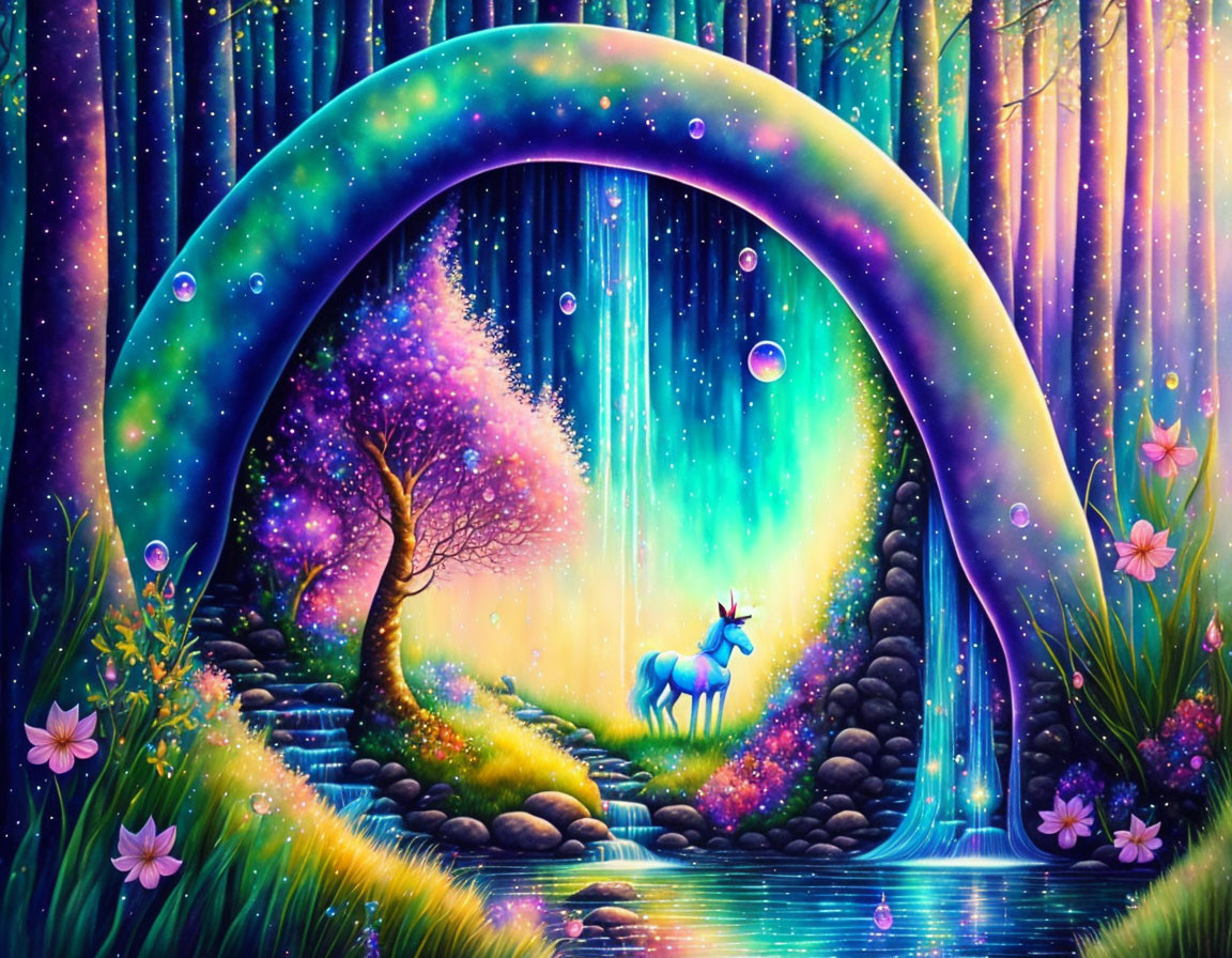 Colorful fantasy landscape with rainbow, unicorn, and glowing trees