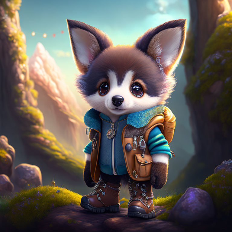 Animated puppy in explorer attire on whimsical forest path