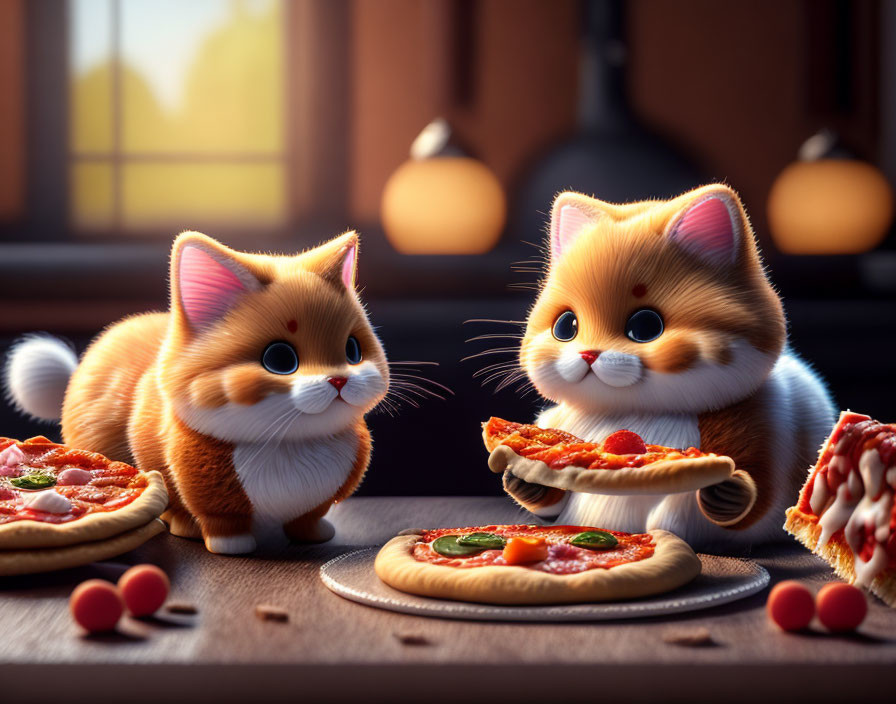 Cartoon kittens with pizza on wooden table in cozy room