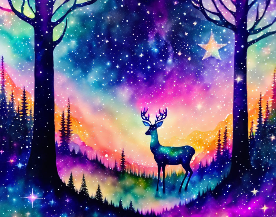 Colorful stag under starry sky with purple-orange gradient and celestial patterns