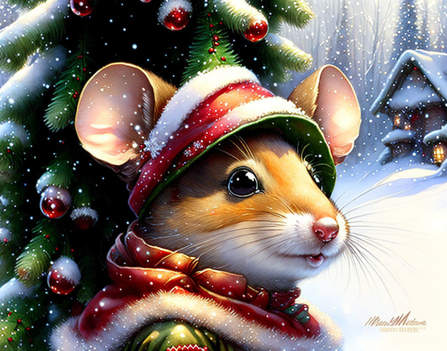 Festive Mouse Illustration Under Christmas Tree