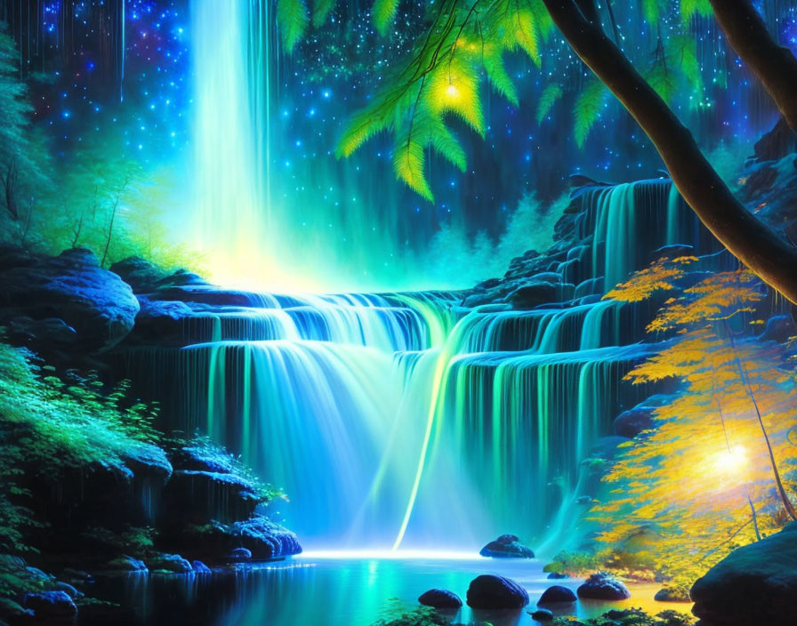 Mystical waterfall digital artwork with vibrant blue and green hues