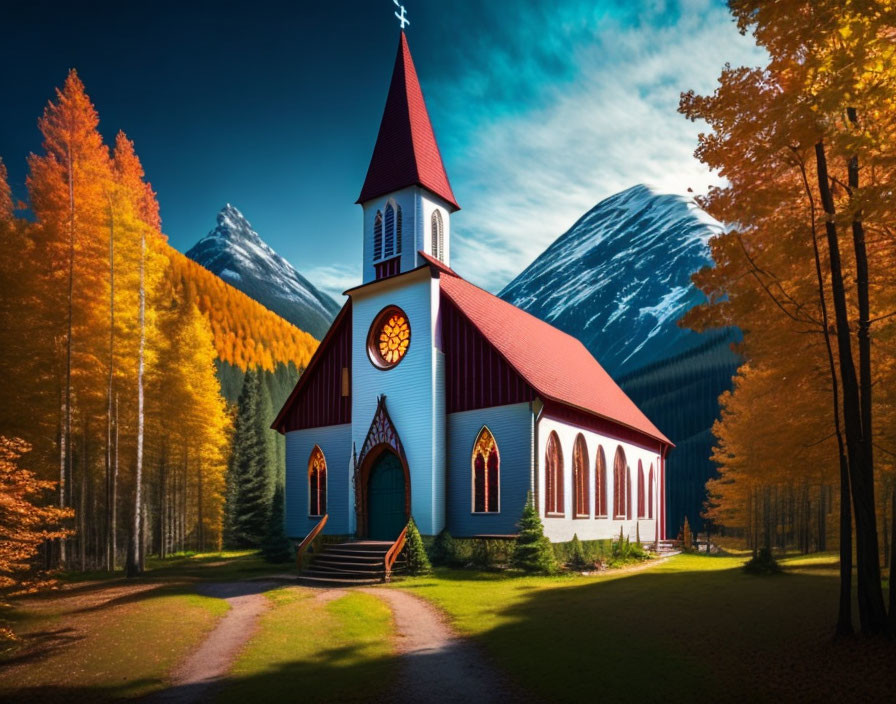 Scenic autumn church with red roof and white walls surrounded by colorful trees and mountains.