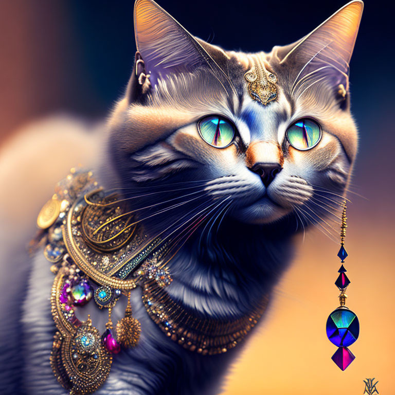 Digitally illustrated majestic cat with ornate jewelry and rainbow-hued eyes