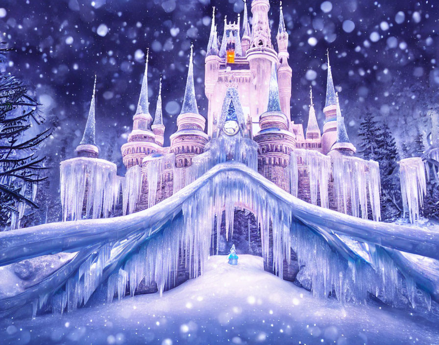 Frozen castle with spires in snow-covered winter scene