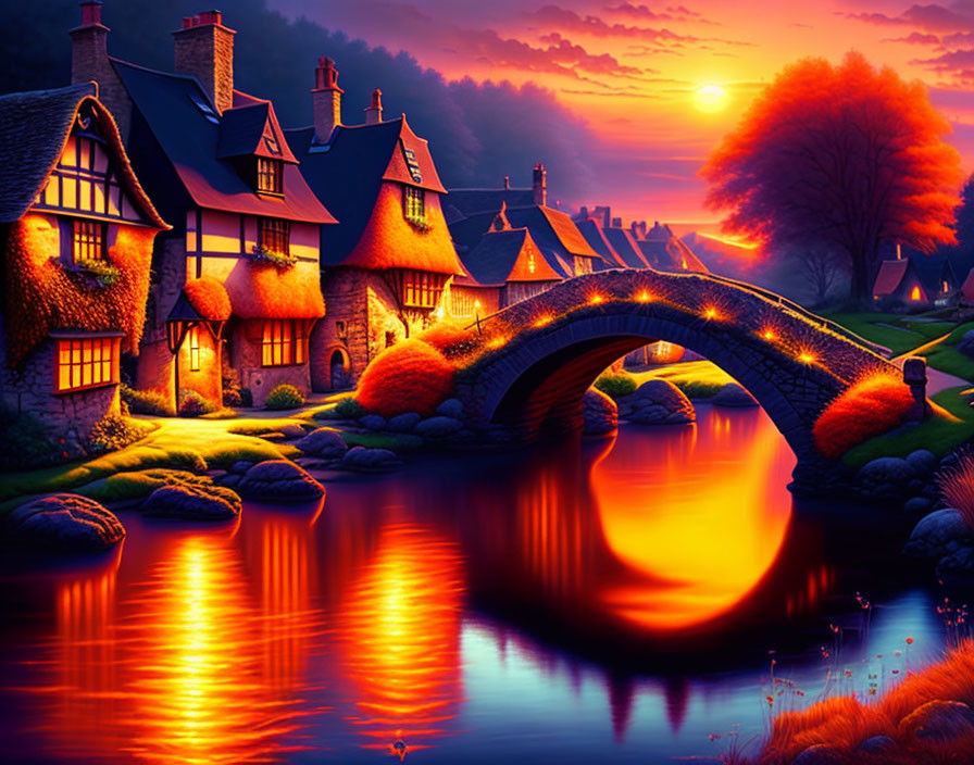 Scenic village with thatched-roof houses by calm river at sunset