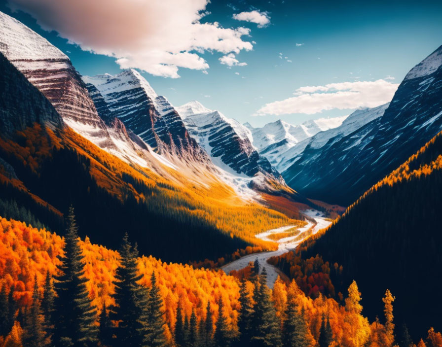 Scenic Autumn Valley with Snow-Capped Mountains