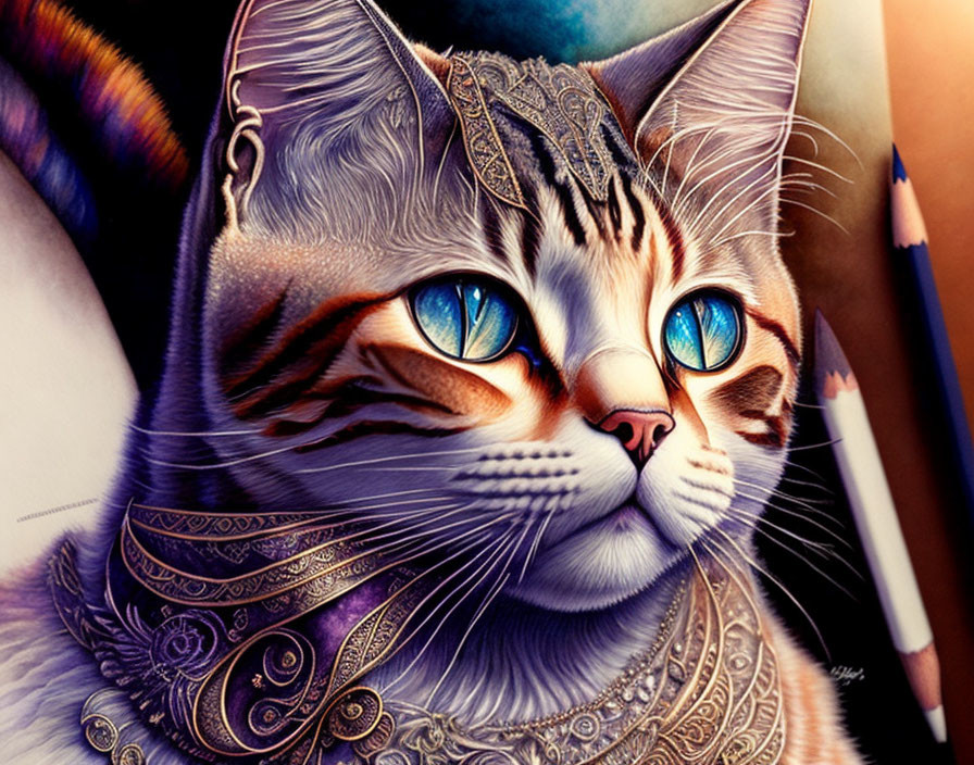 Detailed illustration of a cat with blue eyes and lace-like patterns.