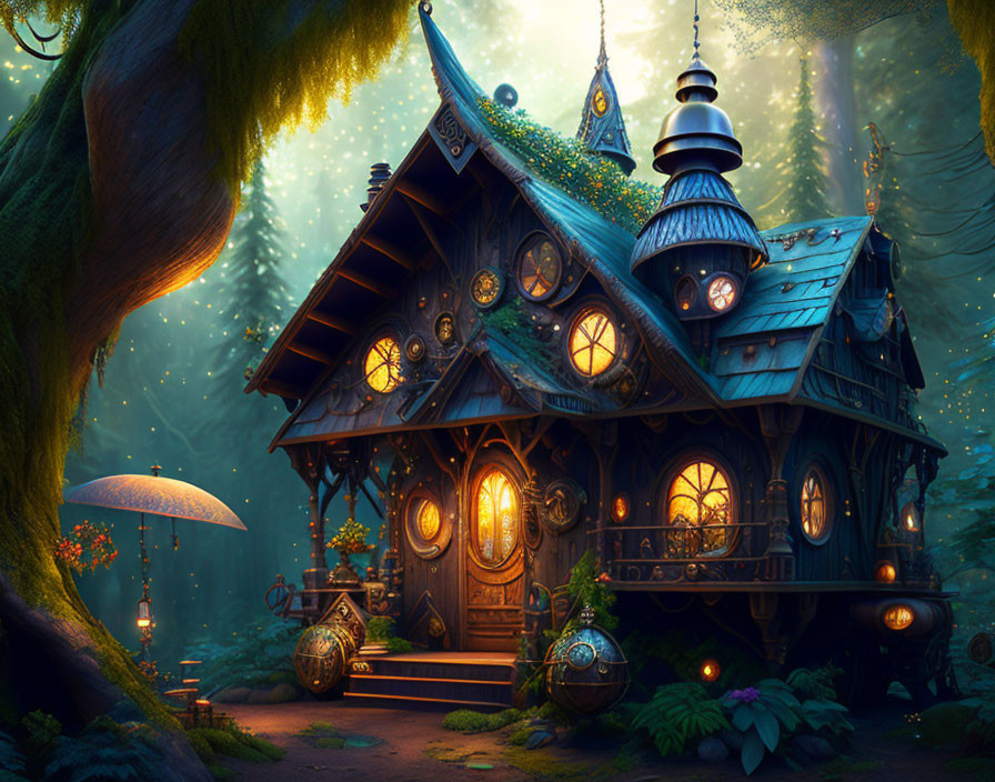 Enchanting forest scene with whimsical treehouse at twilight