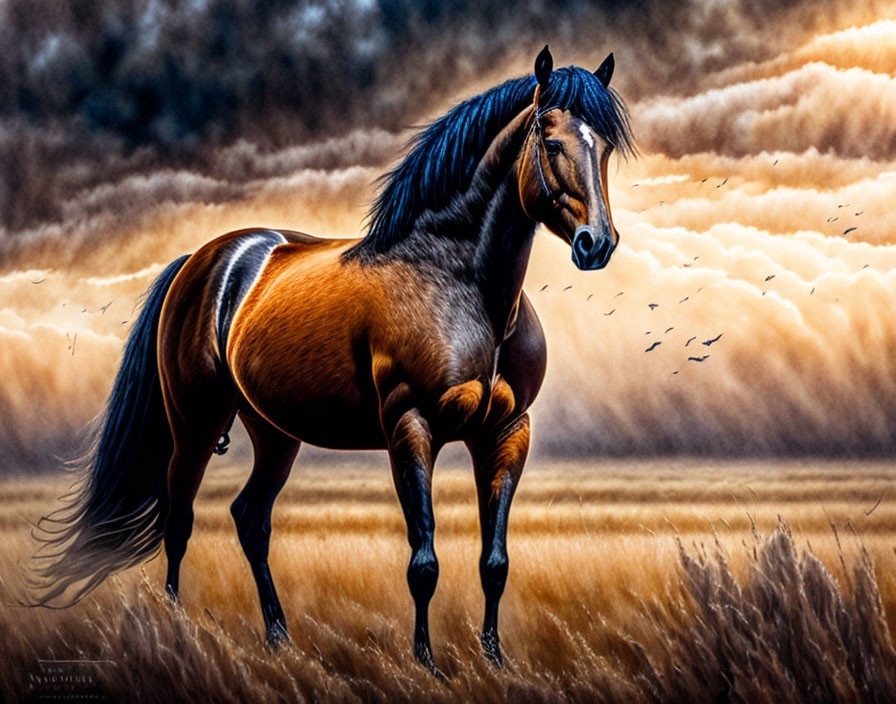 Brown horse with black mane in field under dramatic sky.