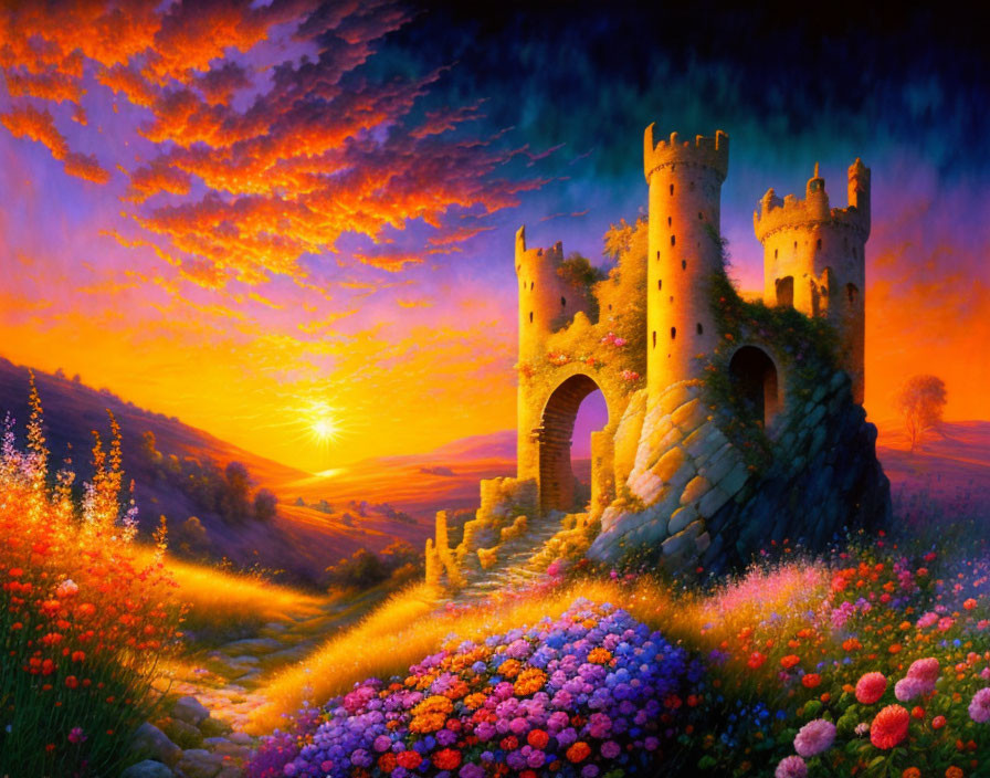 Vibrant sunset over colorful flower field and whimsical ruined castle