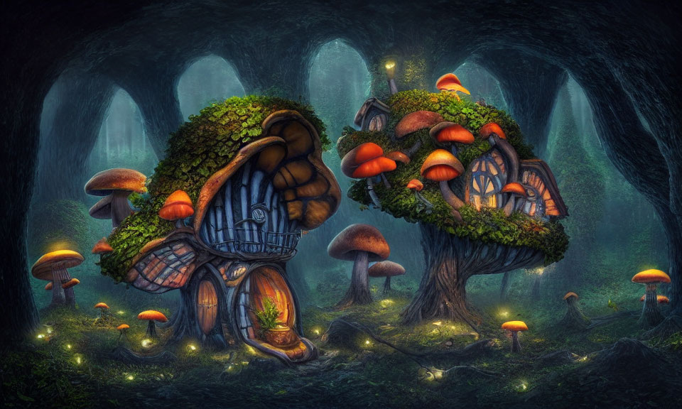 Enchanting forest scene with fairy tale treehouses & glowing mushrooms